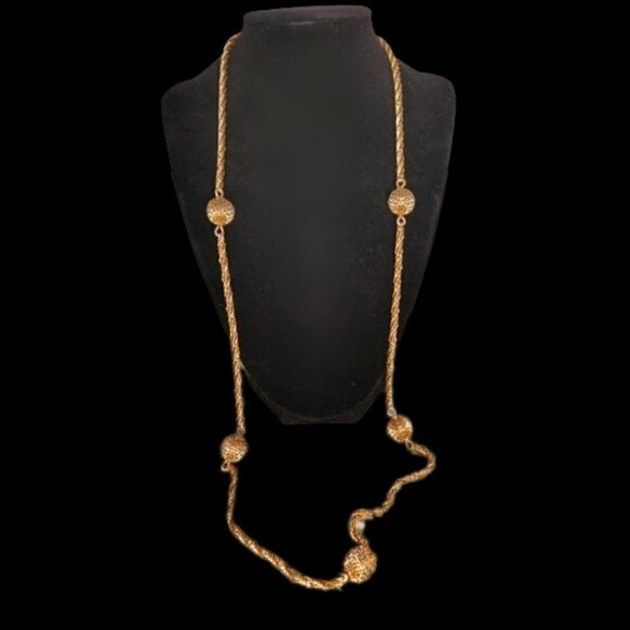 Jewelry - Gold Tone Rope Necklace Twisted Chain with Gold Tone Ball Spheres